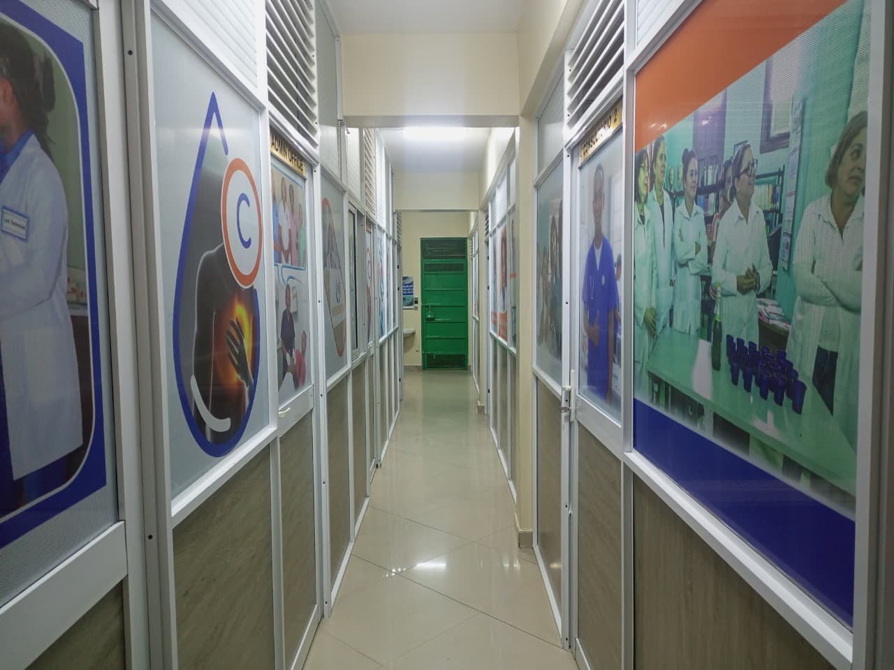Modern clinic hallway with bright lighting
